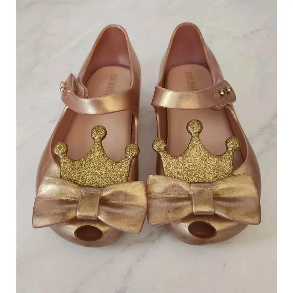 Mini Melissa Princess Crown Shoes Mary Jane Pearly Gold Sz 9 toddler Peep Toe